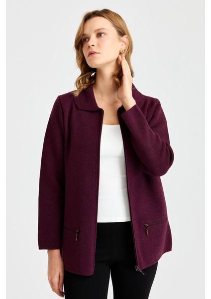 Kadın Polo Yaka Cebi Fermuarlı Yün Hırka K.mürdüm modelleri