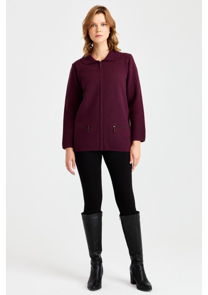 Kadın Polo Yaka Cebi Fermuarlı Yün Hırka K.mürdüm fırsatları