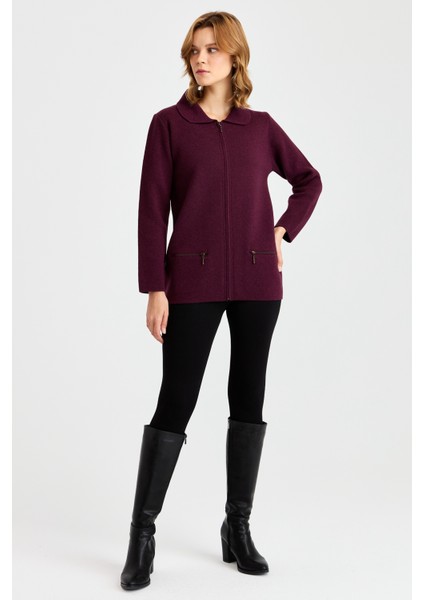 Kadın Polo Yaka Cebi Fermuarlı Yün Hırka K.mürdüm indirimleri