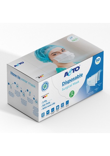 Acto® Surgıcal Mask | Koruyucu Maske Meltblown Kumaş, Filtreli, Burun Klipsli, 3 Katlı, Beyaz