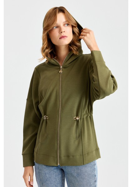 Kadın Kapüşonlu Beli Büzgülü Sweat Haki