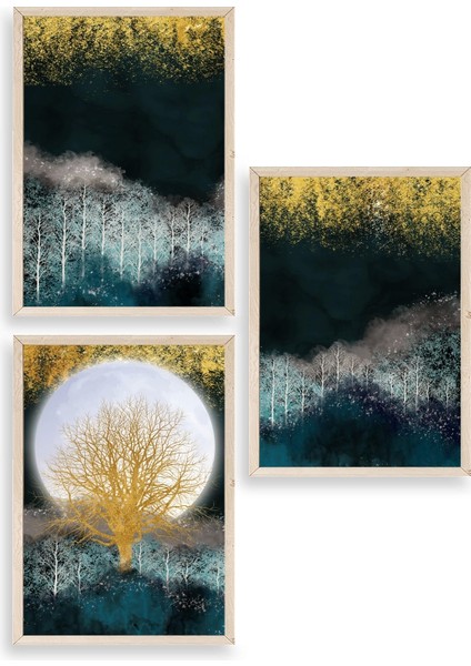 Manzara Üçlü Ahşap Çerçeveli Tablo