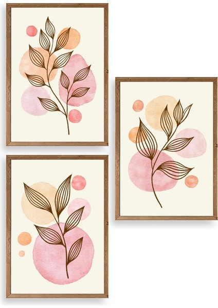 Çiçek Desenli Üçlü Ahşap Çerçeveli Tablo