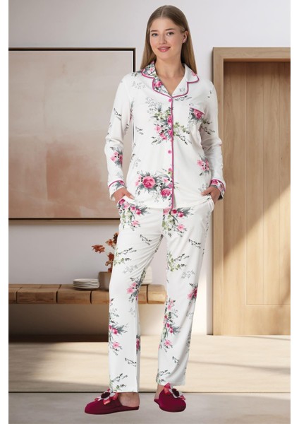 Mecit 5927 Melisa Kumaş Fuşya Boydan Düğmeli Kadın Pijama Takımı