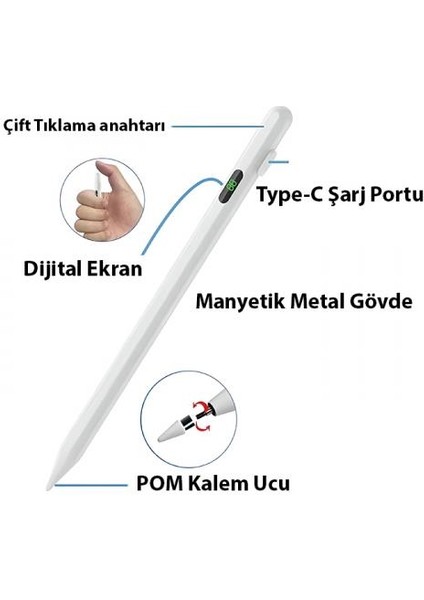 Şarj Göstergeli Dokunmatik Tablet Kalemi Stylus Kalem Apple ve Android Ile Uyumlu Çizim Kalemi