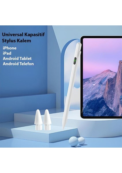 Şarj Göstergeli Dokunmatik Tablet Kalemi Stylus Kalem Apple ve Android Ile Uyumlu Çizim Kalemi