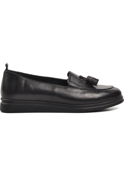 44278 Siyah Hakiki Deri Kadın Loafer Ayakkabı