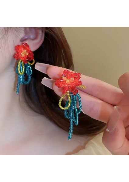 Boncuk Işlemeli Bijuteri Çiçek Küpe