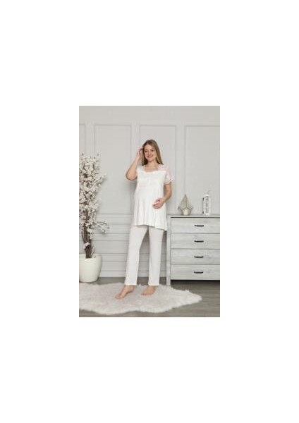 2208 Ecru Hamile Lohusa Dantelli Pijama Tk