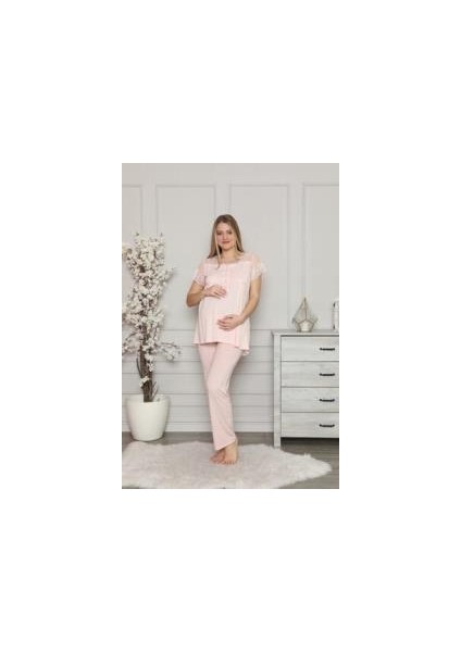 2208 Pembe Hamile Lohusa Dantelli Pijama Tk modelleri