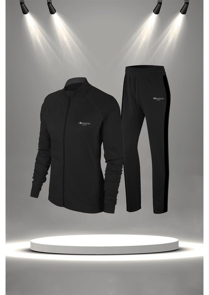 Büyük Beden Kadın Siyah Supra Penye Kumaş Günlük Sporcu Yürüyüş Eşofman Takımı Seti (4XL-10XL)