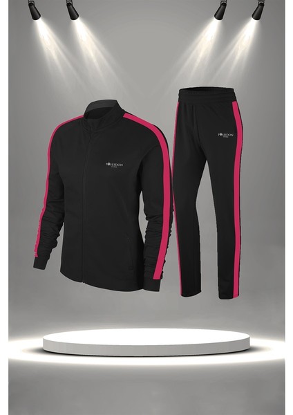 Büyük Beden Kadın Siyah Supra Penye Kumaş Fermuarlı Fit Eşofman Takımı (4XL-10XL)