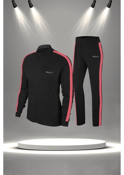 Büyük Beden Kadın Siyah Supra Penye Kumaş Koşu ve Egzersiz Eşofman Seti (4XL-10XL)
