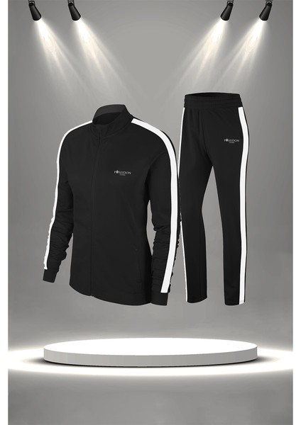 Büyük Beden Kadın Siyah Supra Penye Kumaş Koşu Takımı Seti (4XL-10XL)