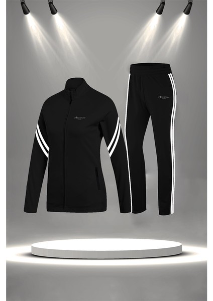 Büyük Beden Kadın Siyah Supra Penye Kumaş Günlük Sporcu Yürüyüş Eşofman Takımı Seti (4XL-10XL)