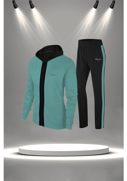 Büyük Beden Kadın Su Yeşili Supra Penye Kumaş Kumaş Fit Kalıp Koşu Seti (4XL-10XL)
