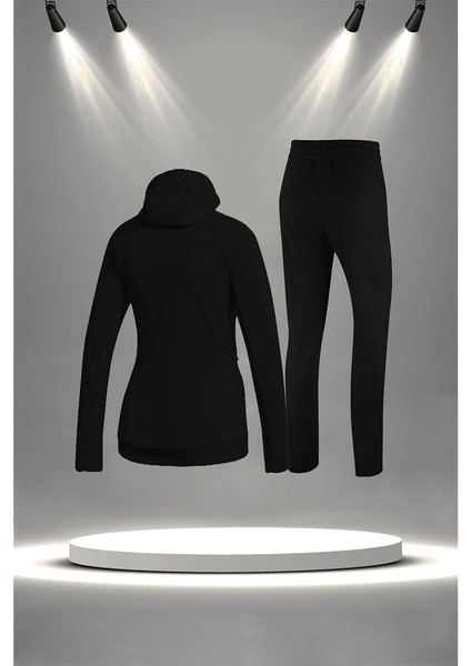 Büyük Beden Kadın Siyah Supra Penye Kumaş Fermuarlı Şık Koşu ve Yürüyüş Takımı (4XL-10XL)