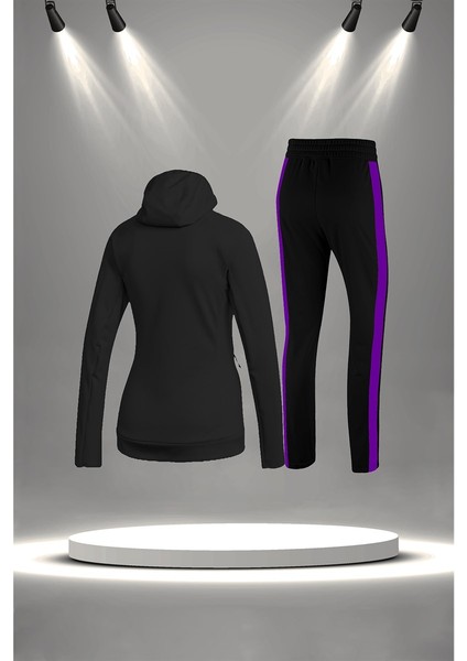 Büyük Beden Kadın Siyah Supra Penye Kumaş Rahat Fermuarlı Koşu ve Yürüyüş Takımı (4XL-10XL)