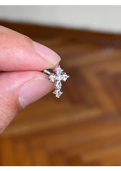 316 Cerrahi Çelik Tragus Helix Kıkırdak Conch Minimal Baget Taşlı Haç Piercing