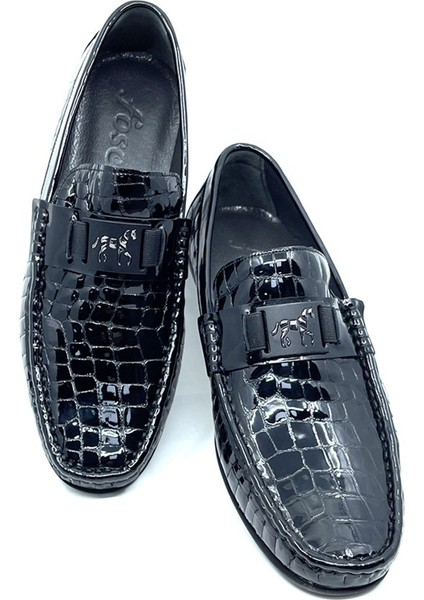 Siyah Deri Erkek Loafer - Rok Ayakkabı 2094 589 430 Rugan Siyah