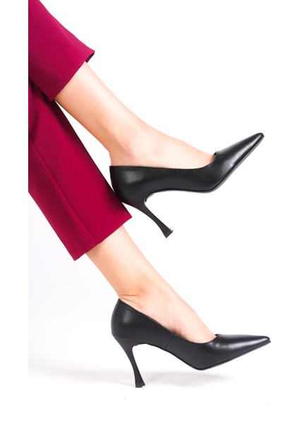 Hakiki Deri MB971-S Kadın İnce 9 cm Topuklu Siyah Stiletto & Topuklu Ayakkabı