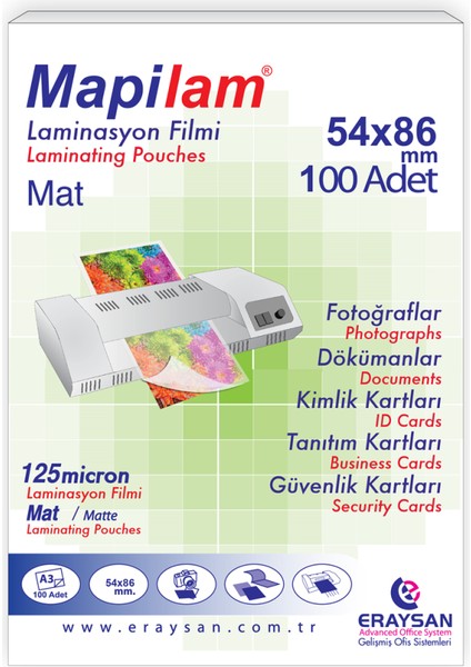 125 Micron Mat Laminasyon Filmi Kredi Kartı 54 x 86 100'lü