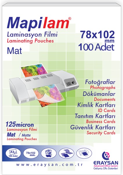 125 Micron Mat Laminasyon Filmi K. Kimlik 78 x 102 100'lü