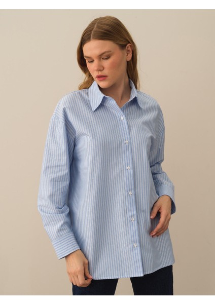 Kadın Mavi Pamuk Dokulu Oversize Gömlek fiyatları