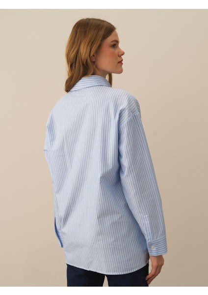 Kadın Mavi Pamuk Dokulu Oversize Gömlek modelleri