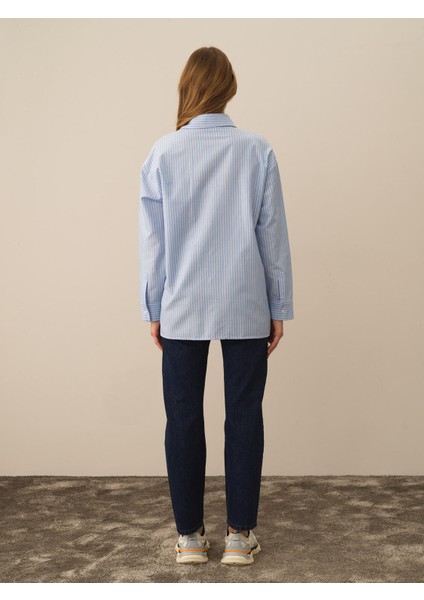 Kadın Mavi Pamuk Dokulu Oversize Gömlek fırsatları