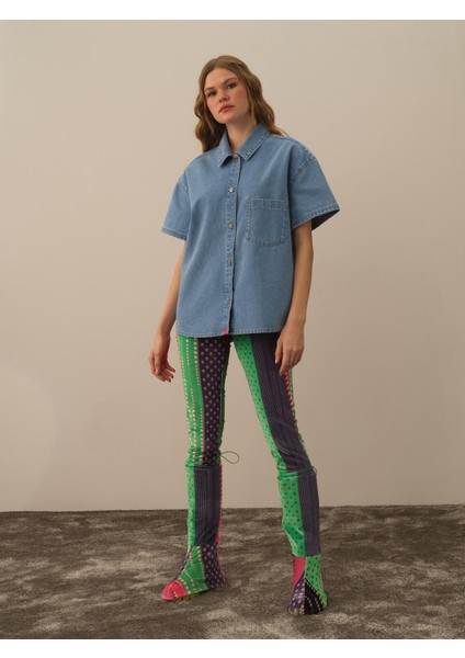 Kadın Mavi Pamuk Dokulu Oversize Gömlek