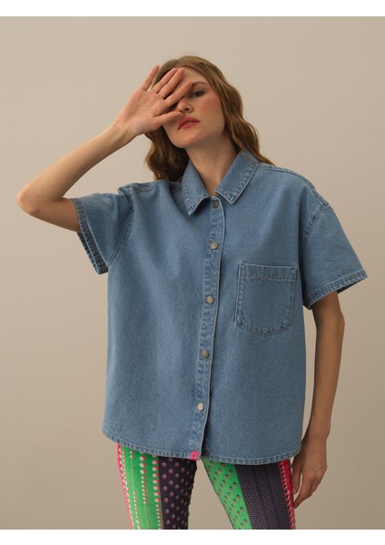 Kadın Mavi Pamuk Dokulu Oversize Gömlek fiyatları