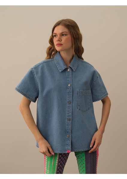Kadın Mavi Pamuk Dokulu Oversize Gömlek modelleri