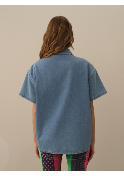 Kadın Mavi Pamuk Dokulu Oversize Gömlek fırsatları