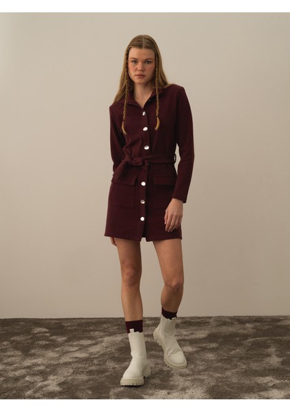 Kadın Bordo Pamuk Dokulu Regular Fit Elbise