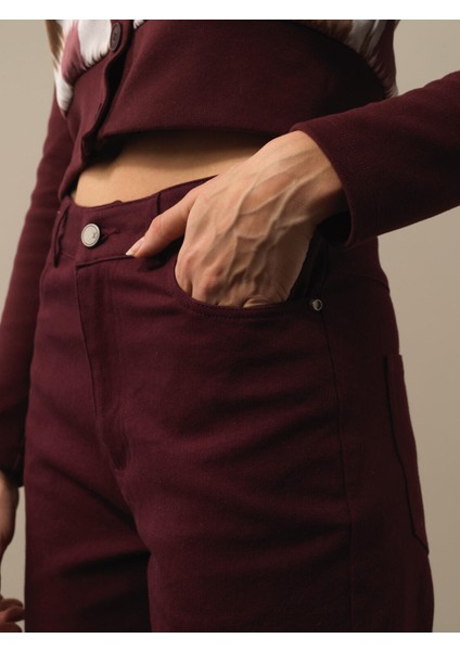 Kadın Bordo Pamuk Dokulu Oversize Pantolon modelleri