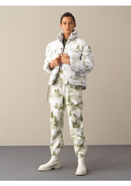 Kadın Yeşil Oversize Desenli Şişme Mont