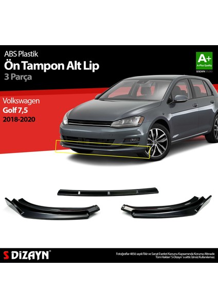 Volkswagen Golf 7,5 Abs Plastik Ön Tampon Alt Lip 3 Prç. 2018-2020 A+Kalite