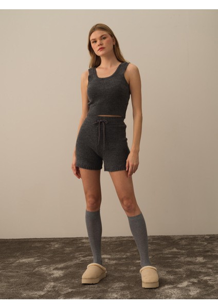 Kadın Koyu Gri Lüks Pamuk Dokulu Regular Fit Atlet