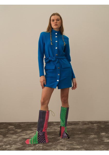 Kadın Mavi Pamuk Dokulu Regular Fit Elbise