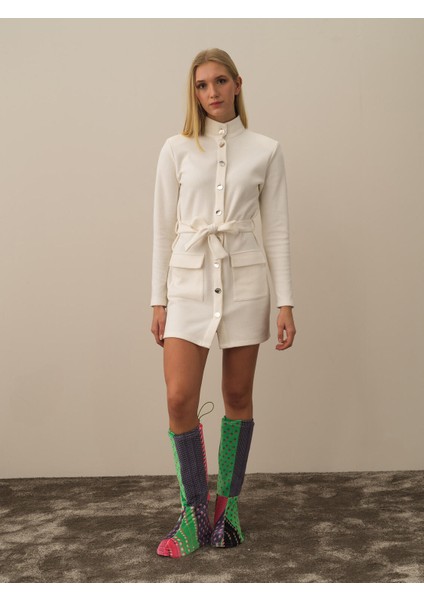 Kadın Ekru Pamuk Dokulu Regular Fit Elbise