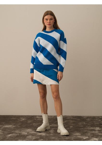 Kadın Mavi Lüks Pamuk Dokulu Oversize Kazak