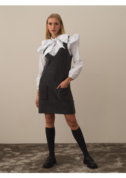 Kadın Koyu Gri Lüks Pamuk Dokulu Oversize Elbise