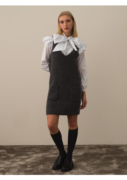 Kadın Koyu Gri Lüks Pamuk Dokulu Oversize Elbise modelleri