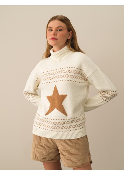 Kadın Ekru Doğal Yün Dokulu Oversize Kazak fiyatları