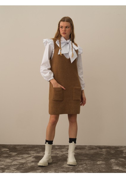 Kadın Camel Lüks Pamuk Dokulu Oversize Elbise