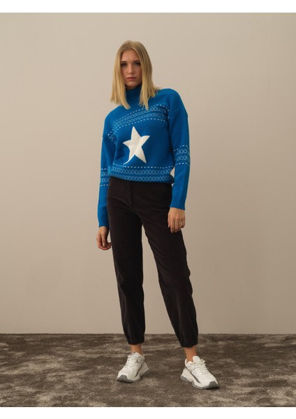 Kadın Mavi Doğal Yün Dokulu Oversize Kazak