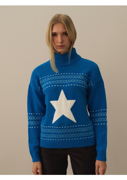 Kadın Mavi Doğal Yün Dokulu Oversize Kazak fiyatları