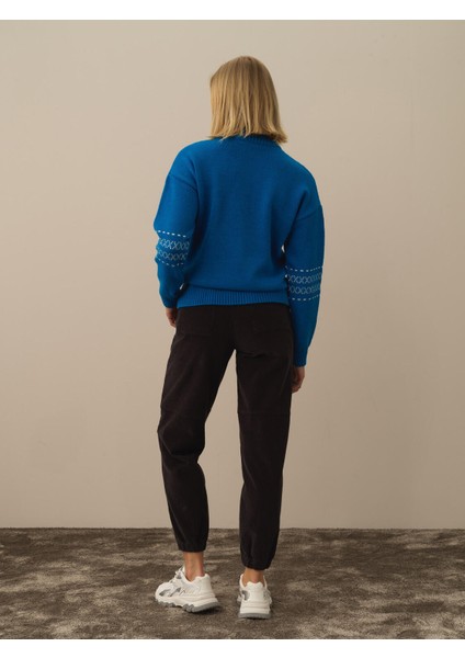 Kadın Mavi Doğal Yün Dokulu Oversize Kazak fırsatları