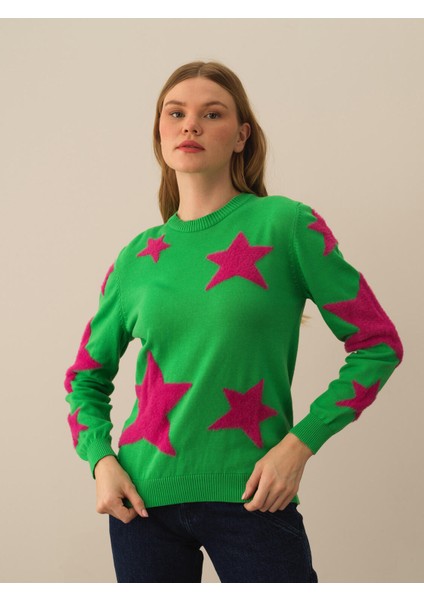 Kadın Yeşil Pamuk Dokulu Regular Fit Kazak fiyatları